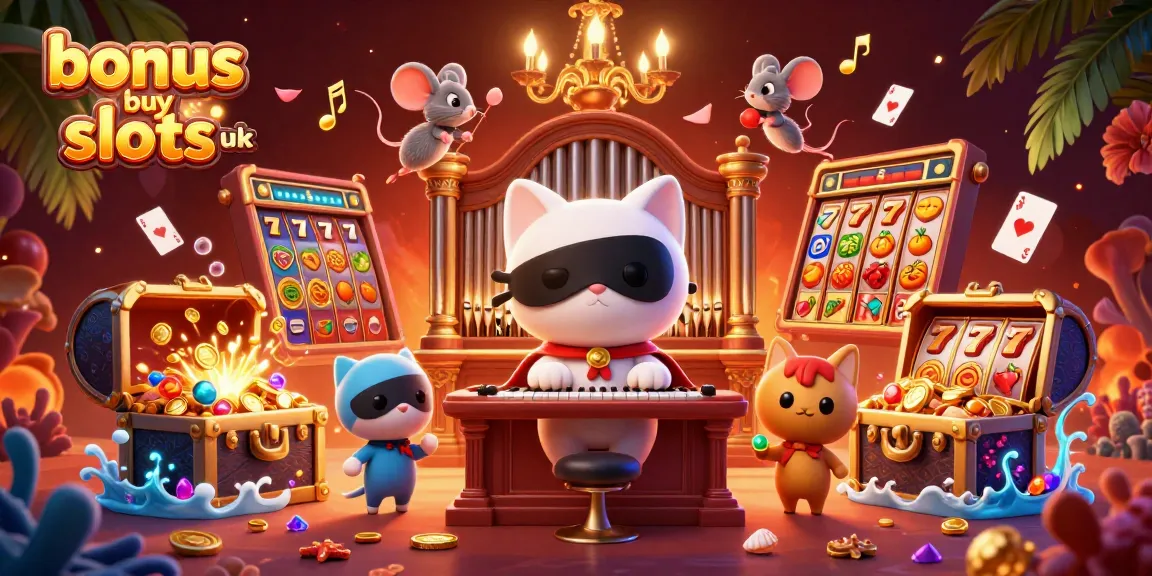 Experience thrilling bonus buy slots UK with this lively casino scene featuring a cat at a grand organ.