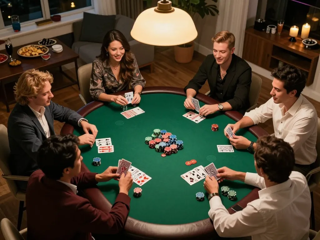 Nohu players engage in an exciting home poker game, showcasing strategic gameplay.