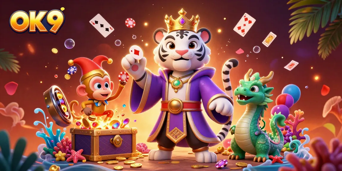 Engage with OK 9's vibrant casino world, featuring a cartoon tiger, monkey, and a jade dragon amidst dynamic gaming elements.