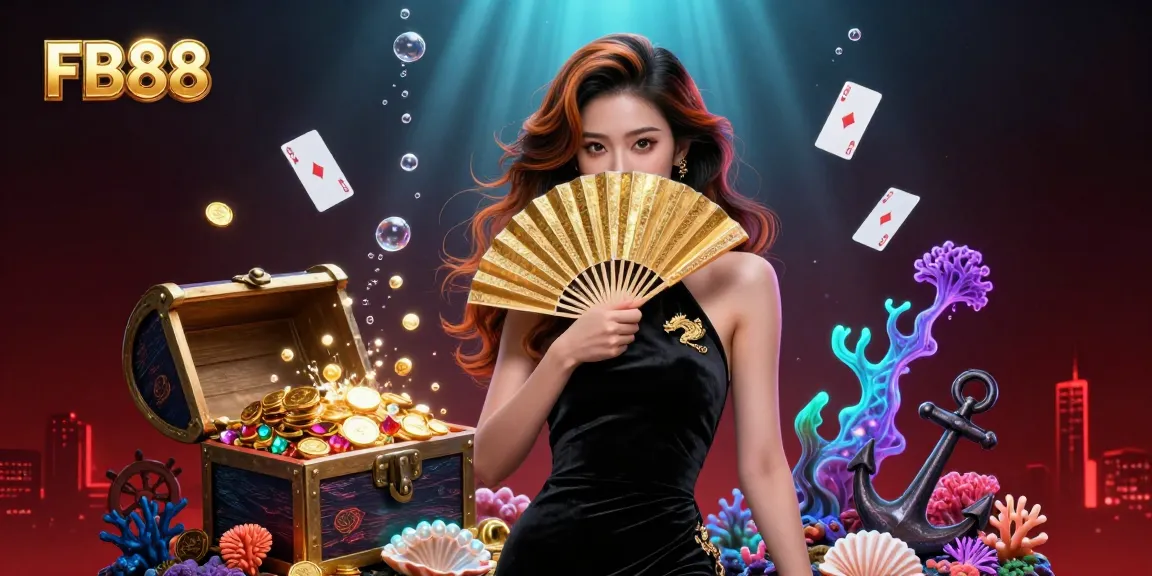 Engage with the dynamic world of FB88, featuring a captivating Asian woman in an elegant setting amidst underwater treasures.