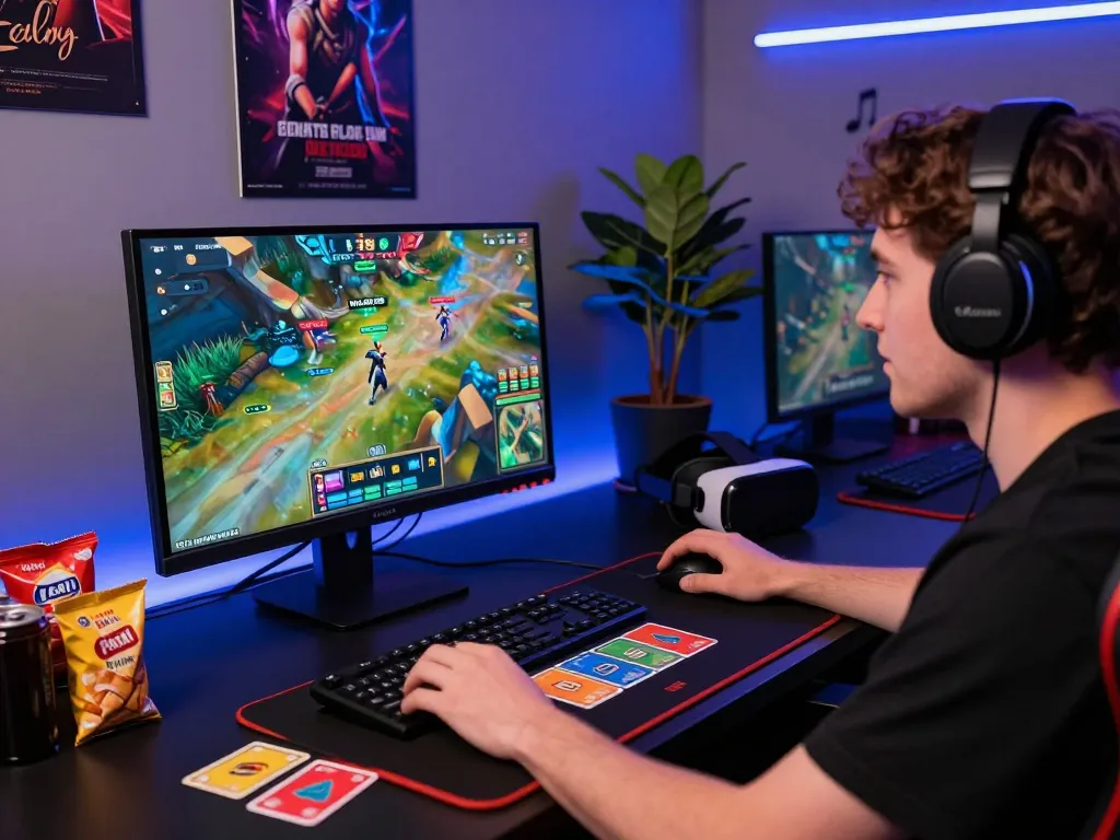 Engaged player enjoying MAX79 gaming platform at a modern gaming desk filled with colorful game cards and ambient lighting.