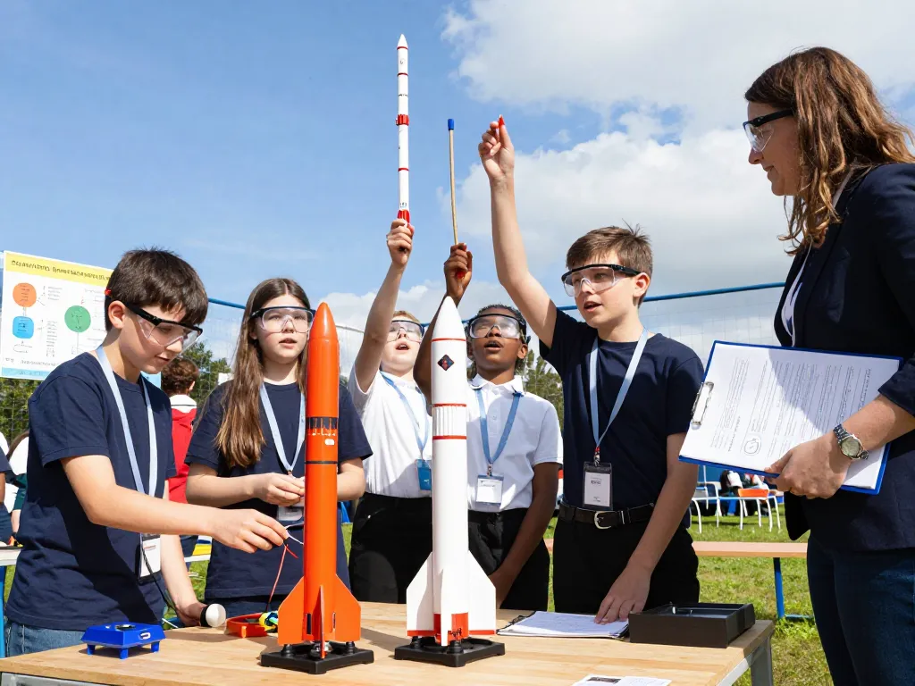 Students launching model rocket kits during a school science fair, showcasing excitement and teamwork in STEM education.