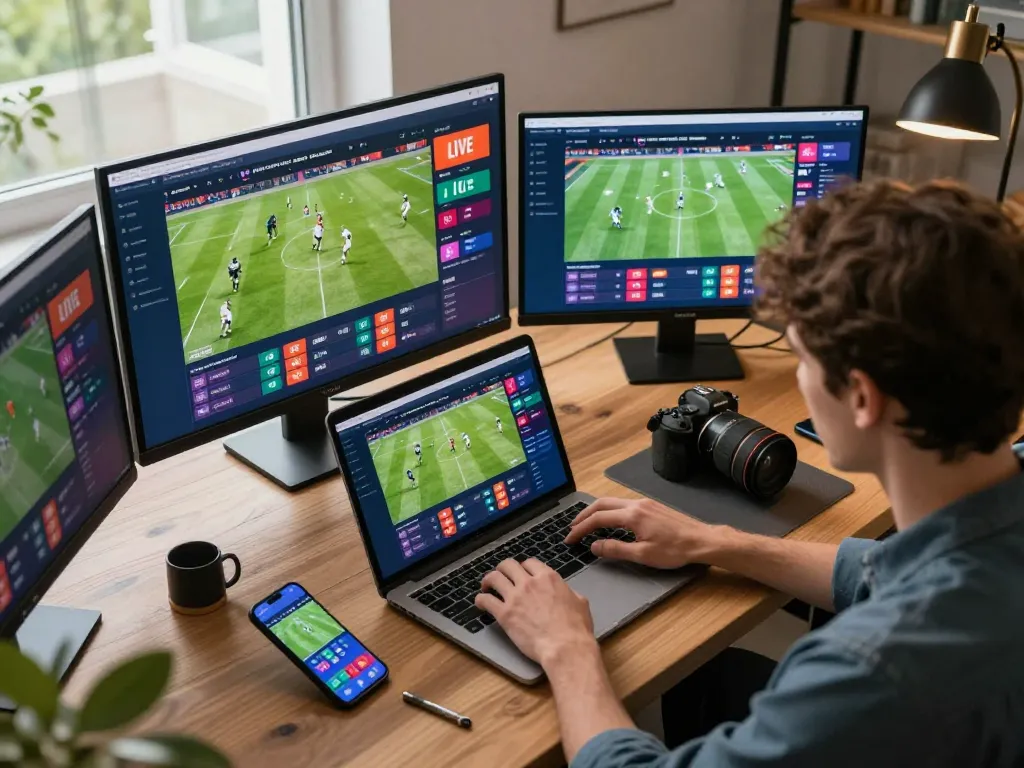 Engaged user placing bets on Keonhacai5 while analyzing live sports odds on laptop and smartphone.
