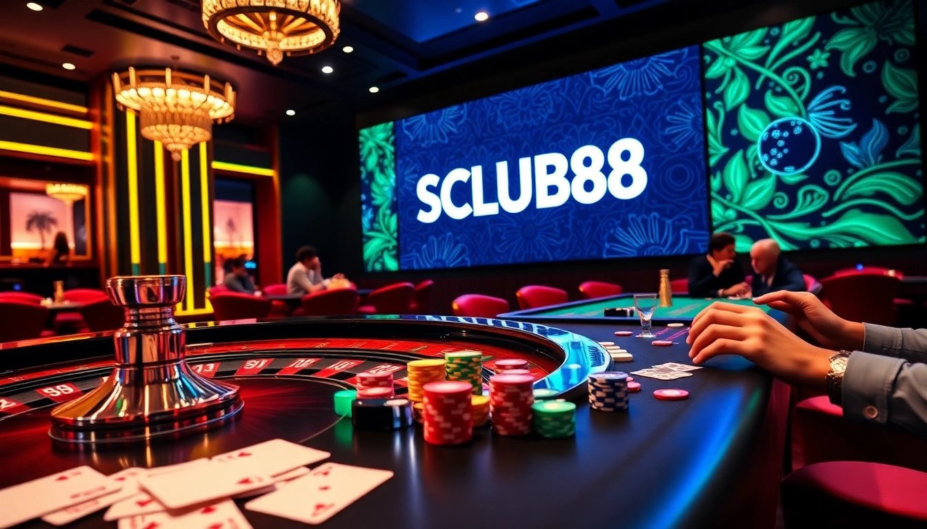 SCLUB88 casino scene with roulette table, poker chips, and exciting gameplay atmosphere.
