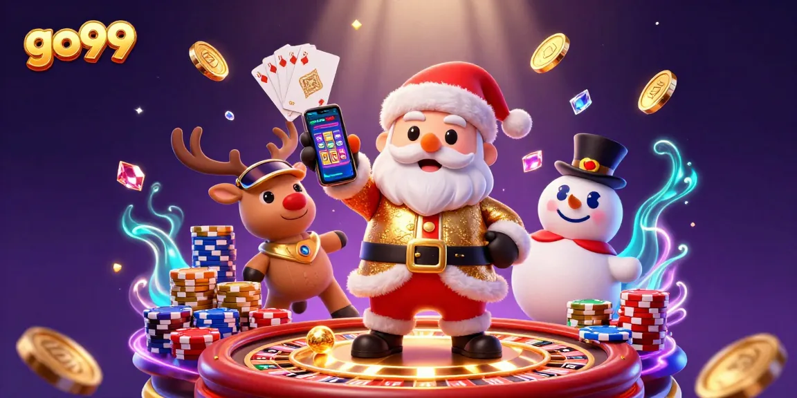 Experience the excitement of go99 with Santa in a casino-themed illustration showcasing slots and jackpots.