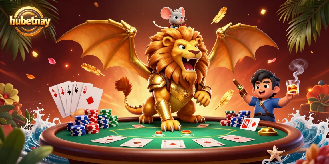 Experience hubetmay gaming with a roaring chimera and poker excitement in vibrant 3D.