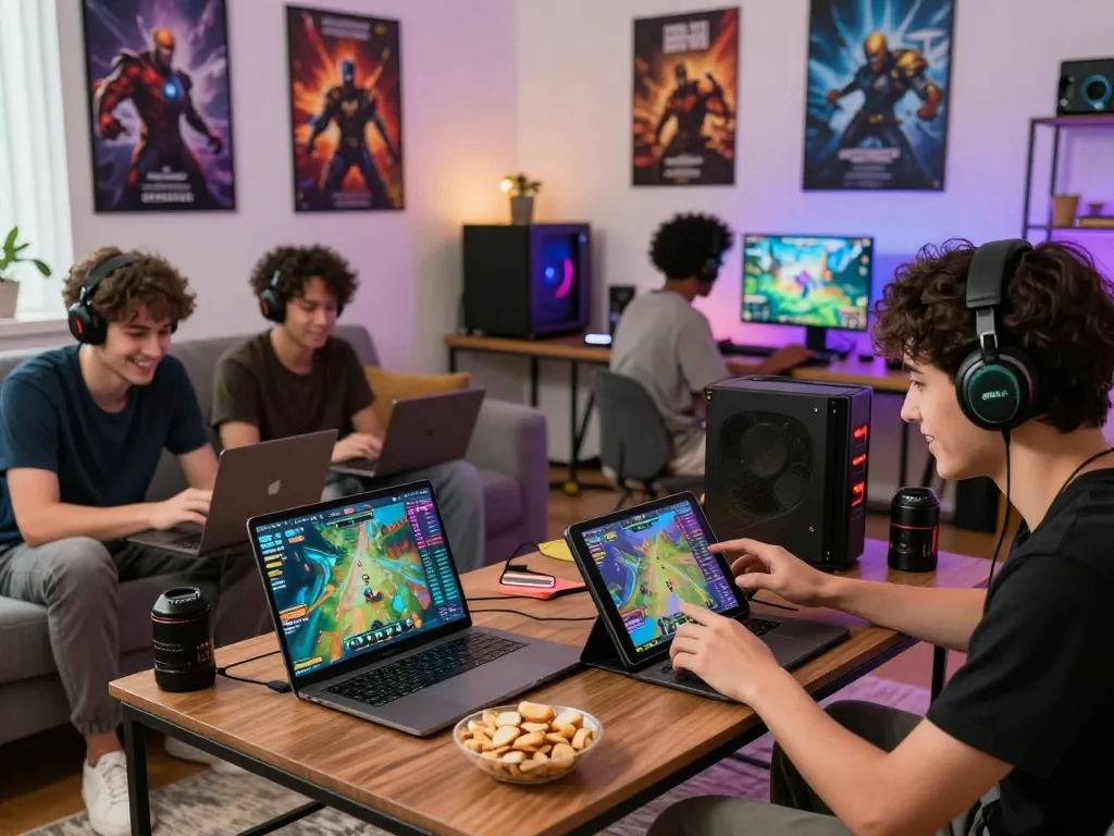 Players enjoying online gaming on 789club platform in a vibrant, engaging living room setup with devices and snacks.