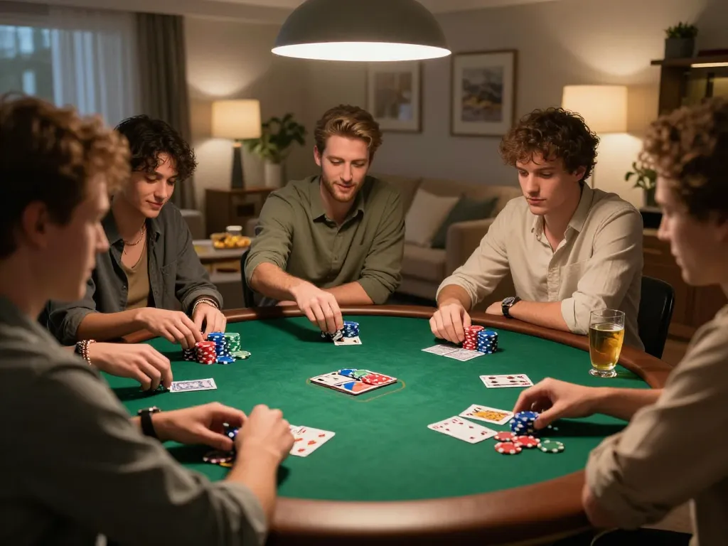 nhà cái uy tín Sunwin hosting a lively poker night among friends, showcasing engaging gameplay and a cozy atmosphere.