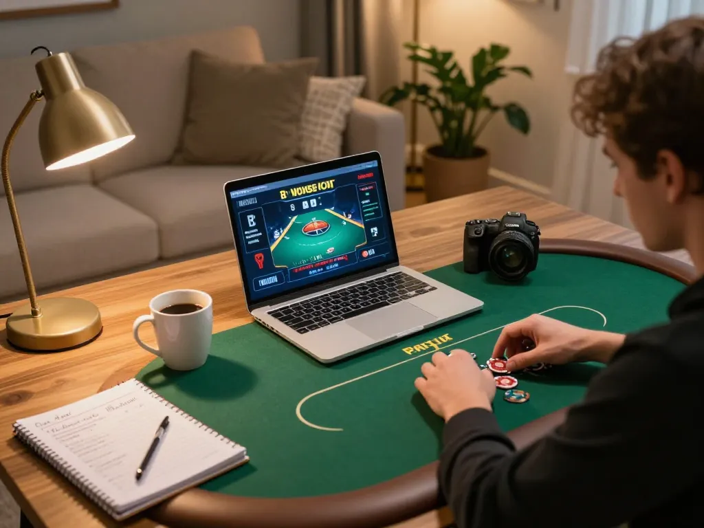 Player engaging in poker game at home with MrPokies Casino on laptop, showcasing online gaming