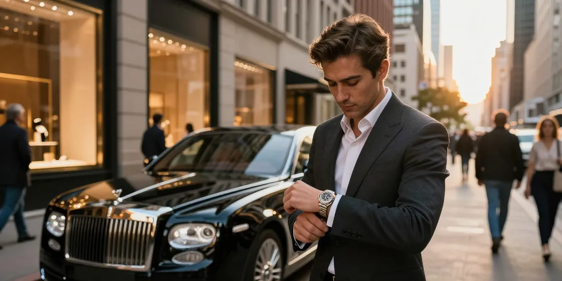 Elegant individual showcasing a Rolex replica on their wrist in a luxurious urban setting.