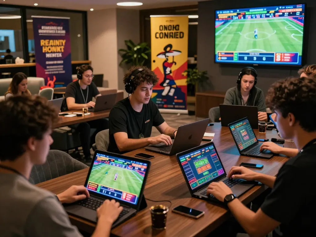 Group of players enjoying dynamic online betting at https://rikbet.in.net/ in a vibrant lounge.