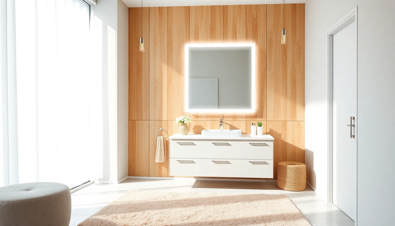 Showcase a modern led mirror bathroom with an illuminated mirror, reflecting elegance and style.