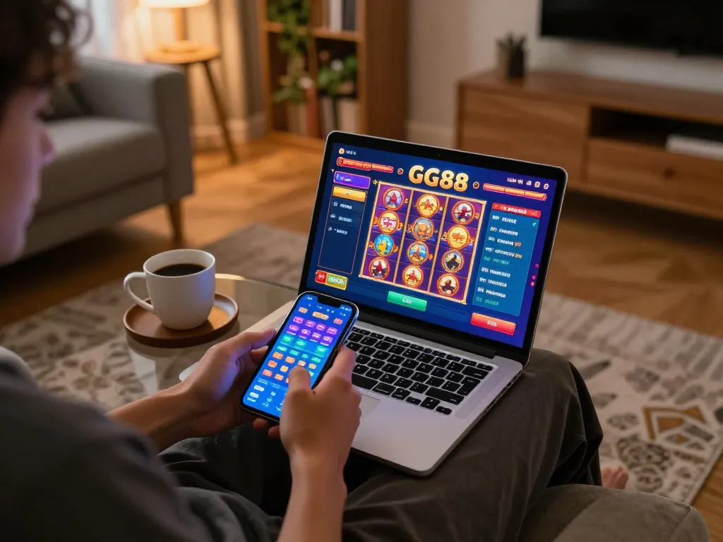 Engaging online gaming experience with GG88 app on laptop, personal and inviting atmosphere.