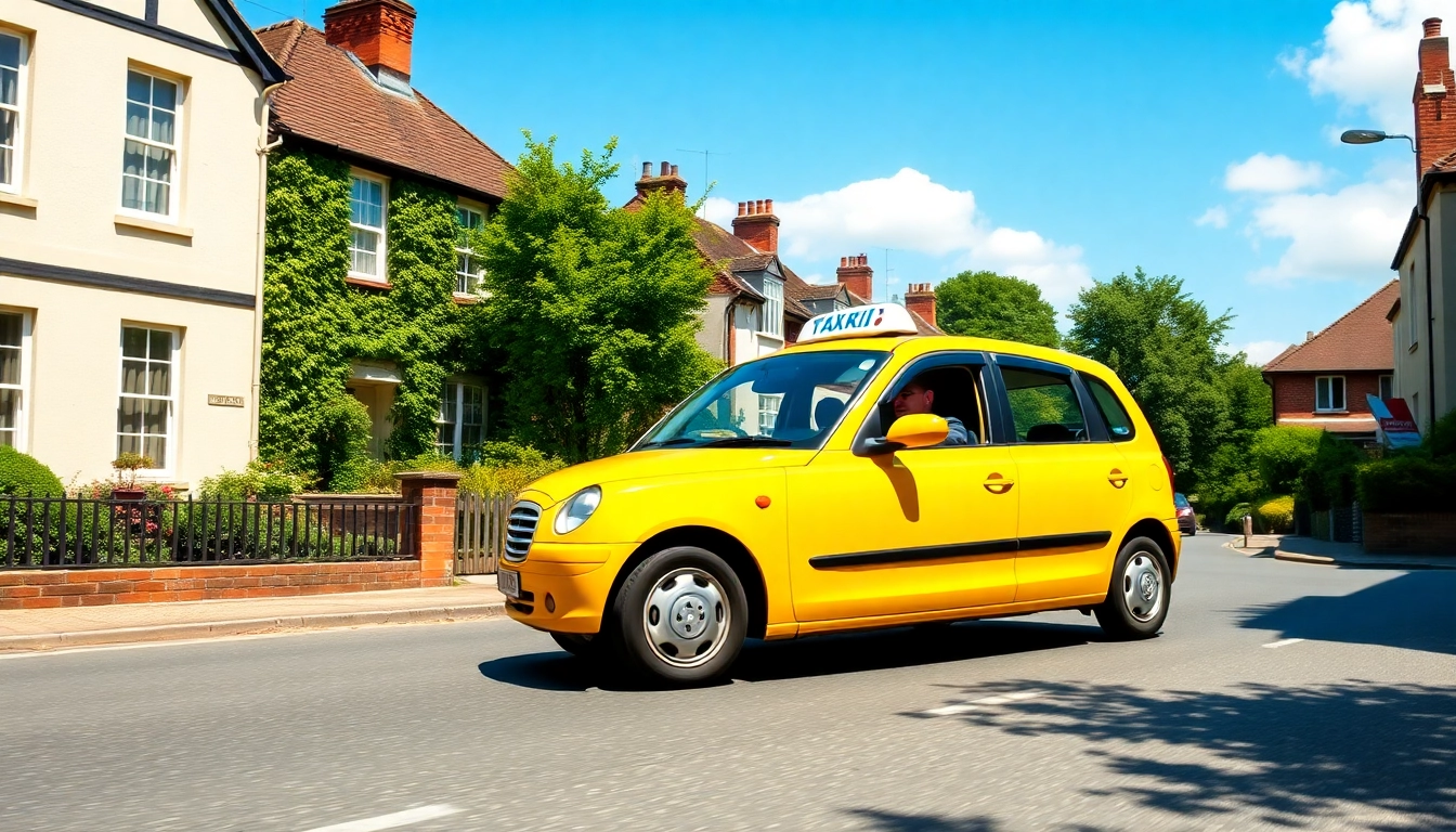 Taxi service in Thames Ditton navigating through sunny streets with picturesque homes.
