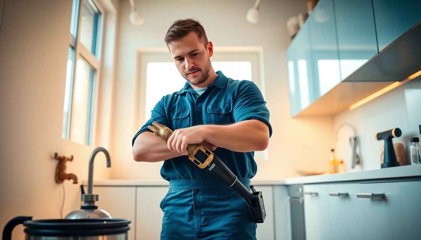 Plumber near me fixing a sink in a modern kitchen, showcasing expertise and professionalism.