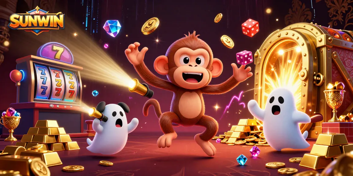 SUNWIN entertains with a playful poltergeist monkey juggling coins and a ghost-hunter puppy exploring the casino.