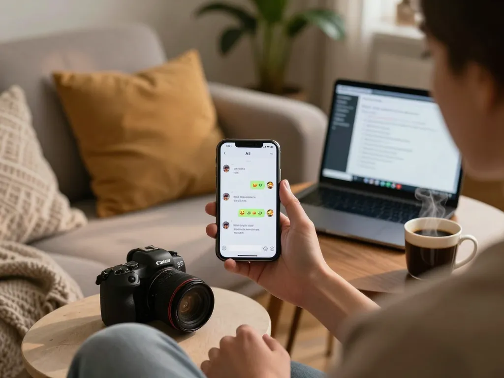 User engaging in crush on AI chat on smartphone while relaxed at home in cozy atmosphere