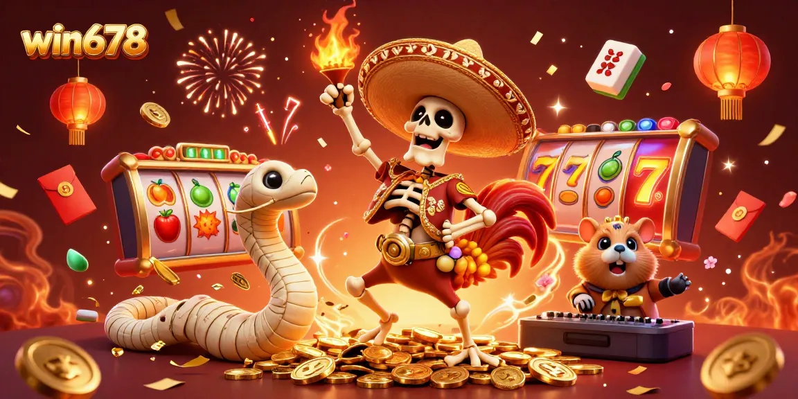 Win678 presents a festive 3D cartoon scene featuring a mariachi rooster celebrating on casino coins, highlighting excitement.