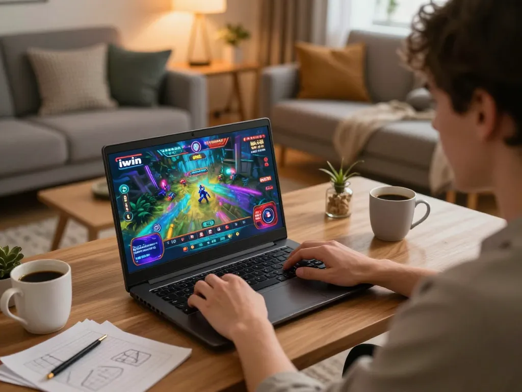 Engaging player using iwin laptop for online casino gaming in cozy setting