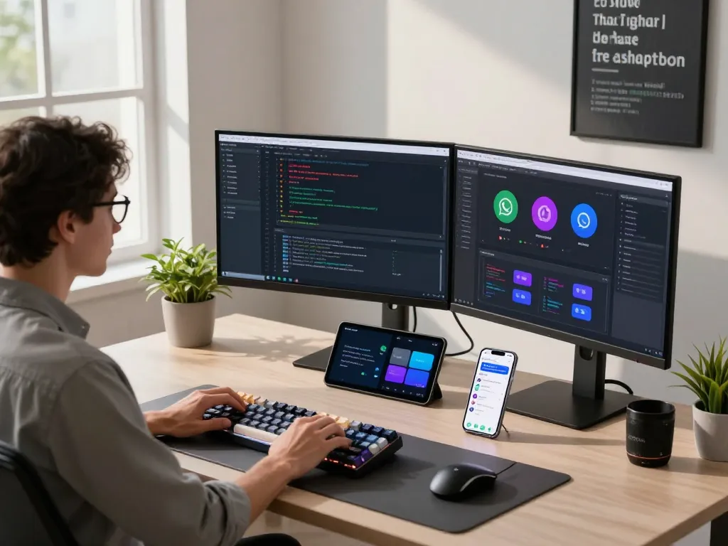 Dynamic workspace with developer coding on multiple screens showcasing clawdbot integration and functionalities.