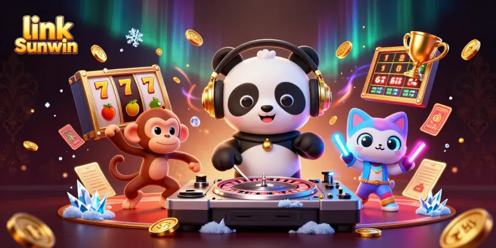 Experience the excitement of link Sunwin with an energetic 3D casino scene featuring characters amidst vibrant casino elements.