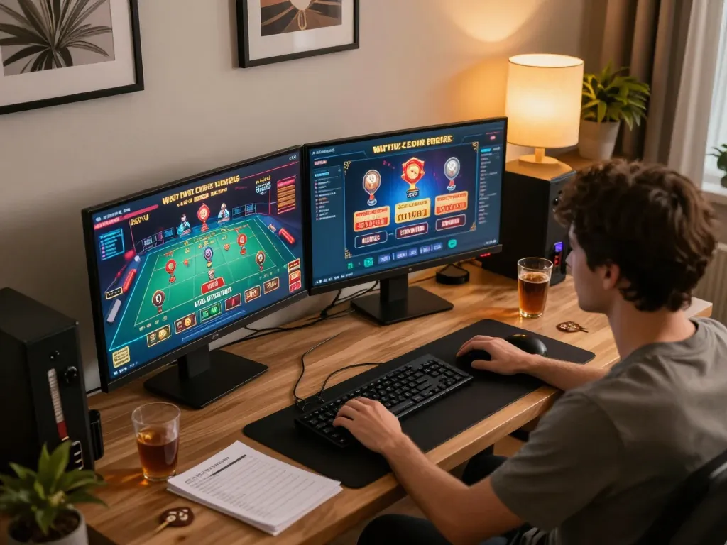 Engaging in strategic online gaming at home with g28-t1 setup, dual monitors displaying vibrant casino games.
