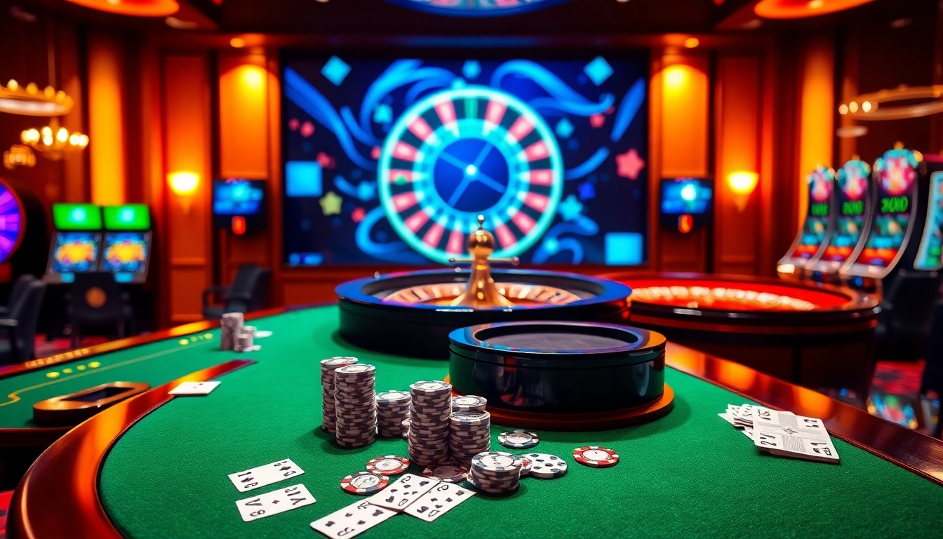 A vibrant casino scene at https://fun88.support/ showcasing tables, colorful chips, and a spinning roulette wheel.