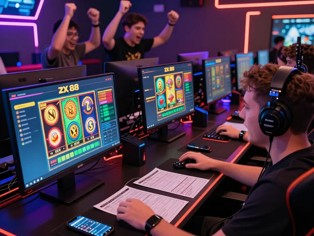 Engaged player using the zx 88 bet platform in a lively gaming environment, surrounded by colorful screens and friends.