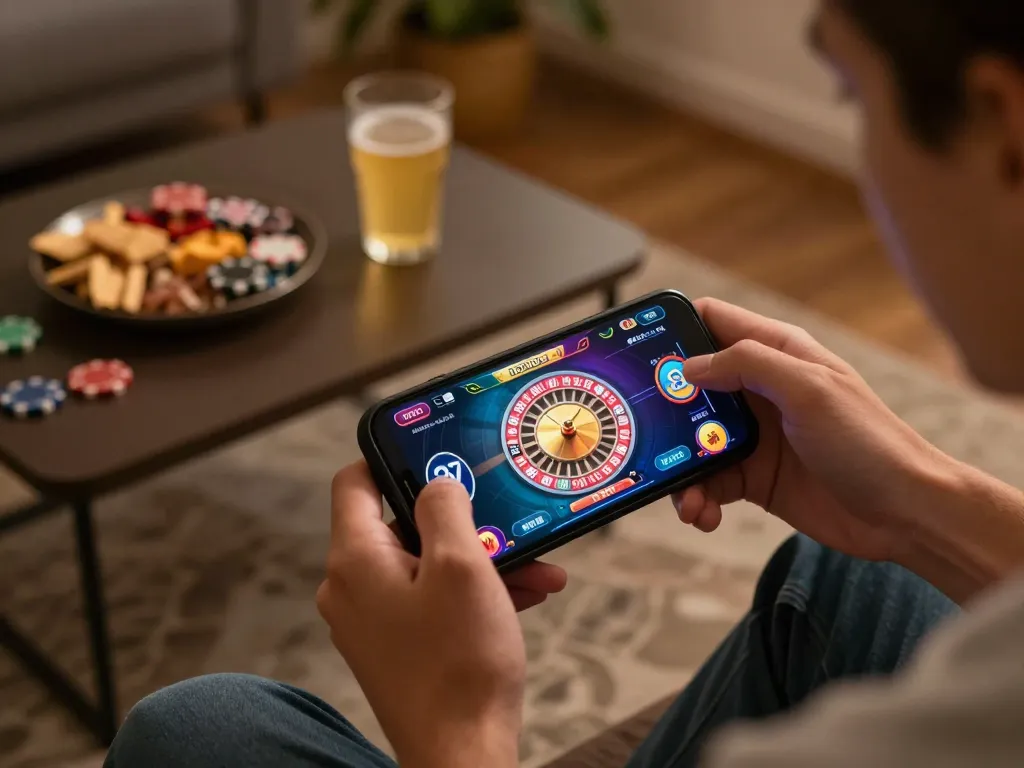 Player enjoying tg88 mobile casino gaming with roulette on a smartphone in a cozy setting