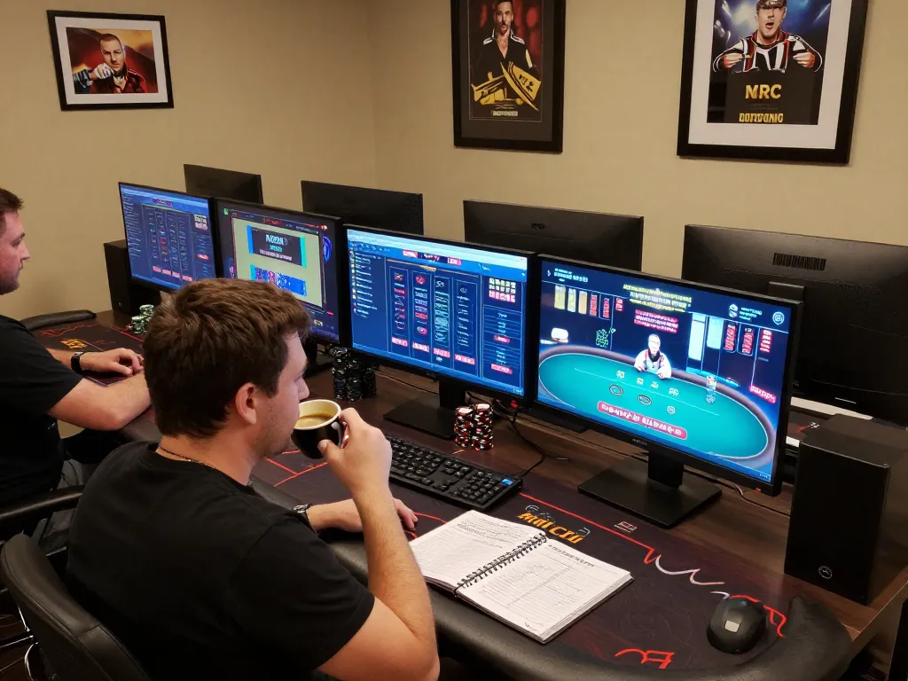 Engaging online casino gaming scene featuring the tg8 player analyzing strategies and odds with multiple screens.