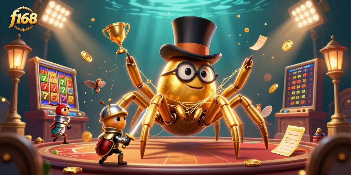 f168 gameplay features a giant golden tarantula engaging in a dynamic casino scene filled with slots and jackpots.