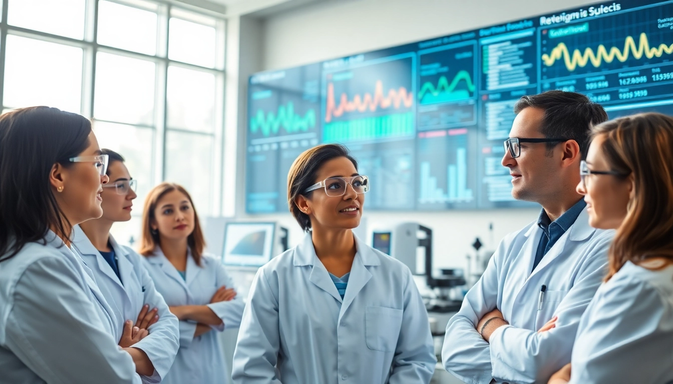 Analyze Retatrutide research with diverse scientists in a modern laboratory environment.