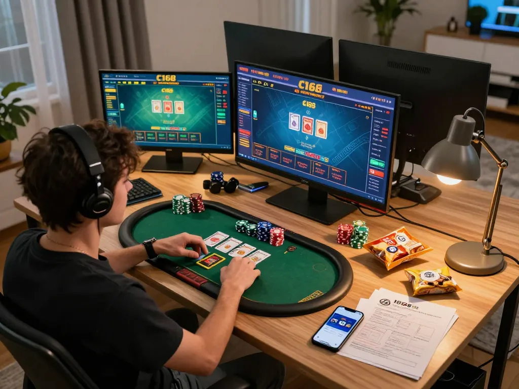 Player enjoying C168 online casino game on multiple screens in a comfortable home setup.
