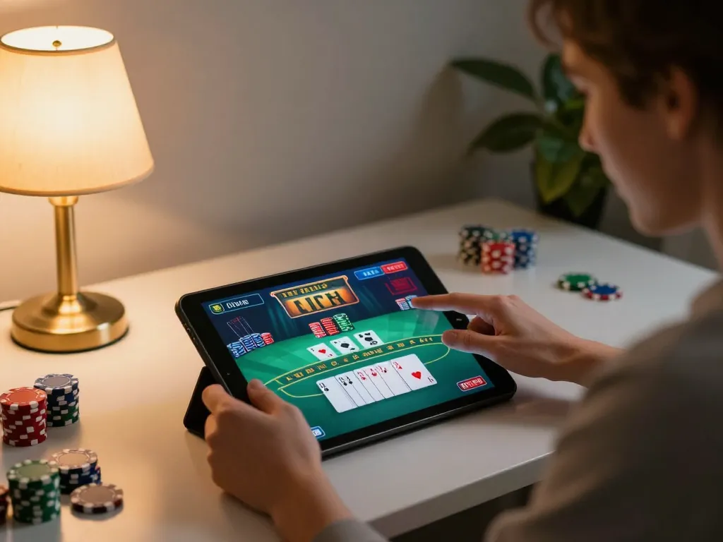 Engaging in strategic betting on shbet platform with a vibrant poker game displayed on tablet, cozy home setting.