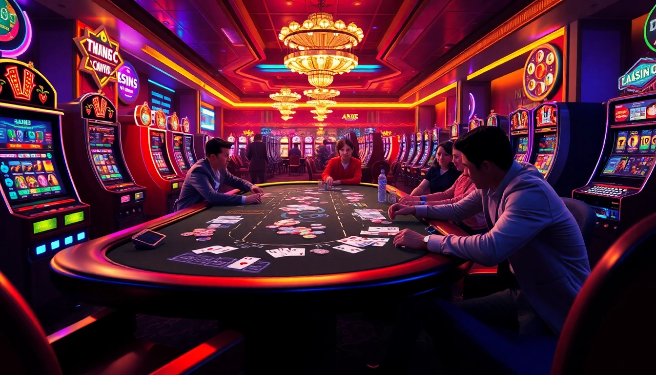Experience high-stakes betting at ax88.com with vibrant casino tables filled with poker action and slot machines.