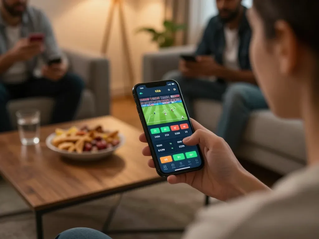 Betting on Keo nha cai through a smartphone app while enjoying a soccer game at home
