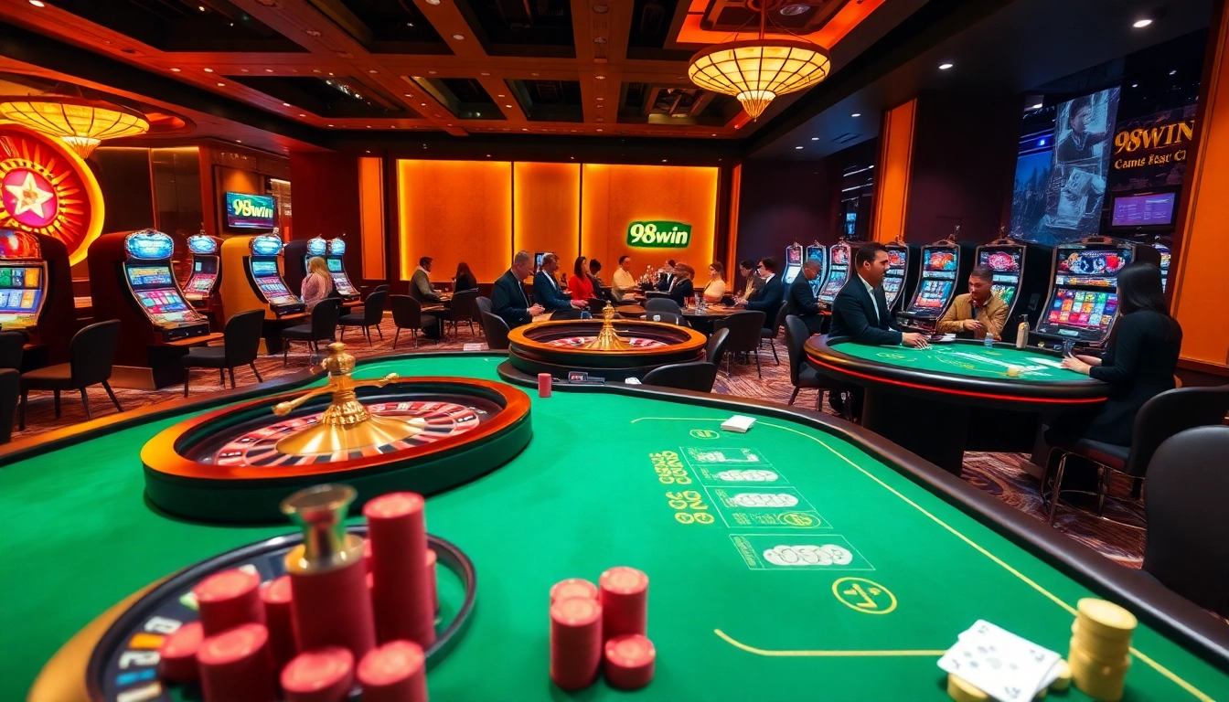 Experience the thrill of gameplay at 98win with vibrant casino tables, roulette wheels, and poker chips.