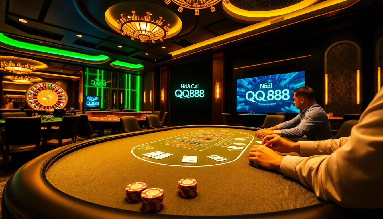 Players at a poker table strategizing in a luxurious casino, showcasing Nhà Cái QQ88.
