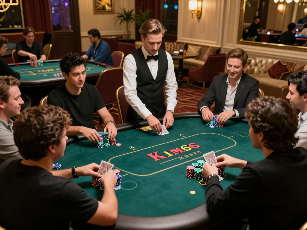 Players in an exciting poker game at Kim66 casino, showcasing vibrant chips and dealer action.