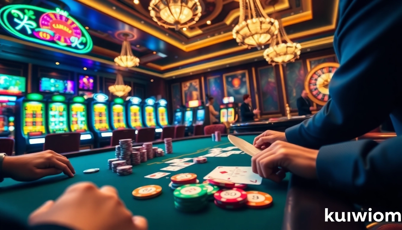 Kuwin.com showcases an exciting casino scene with vibrant slot machines and intense poker action.