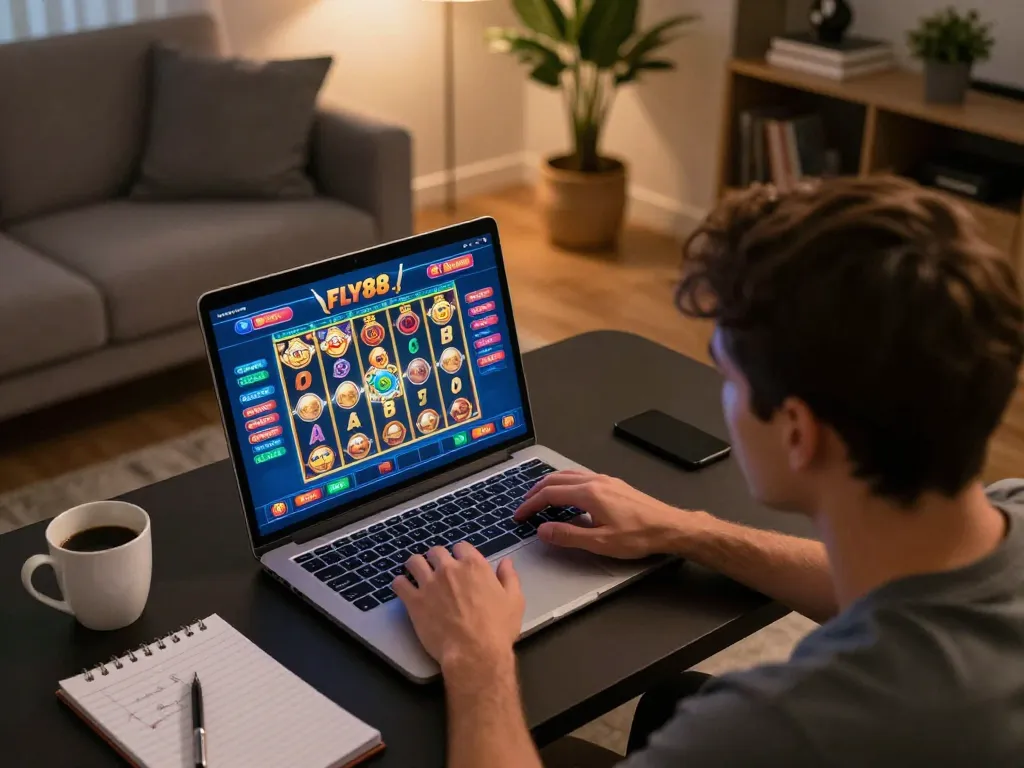 Engaged player using fly88 online gaming platform on a laptop in a cozy home setting