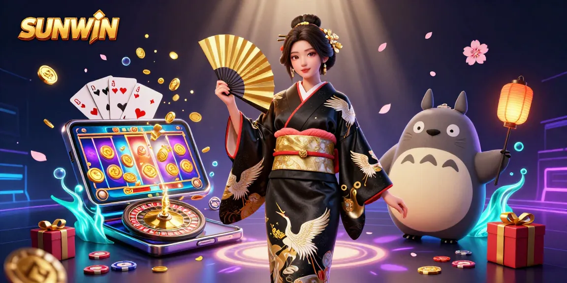 Spin to win with SUNWIN in a vibrant 3D casino illustration showcasing traditional characters and slots.