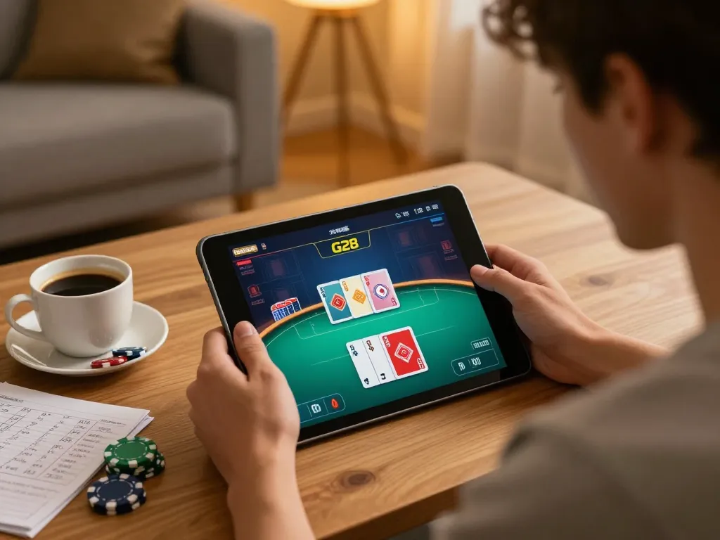 Engaging in online poker gameplay on G28 platform with strategy notes visible