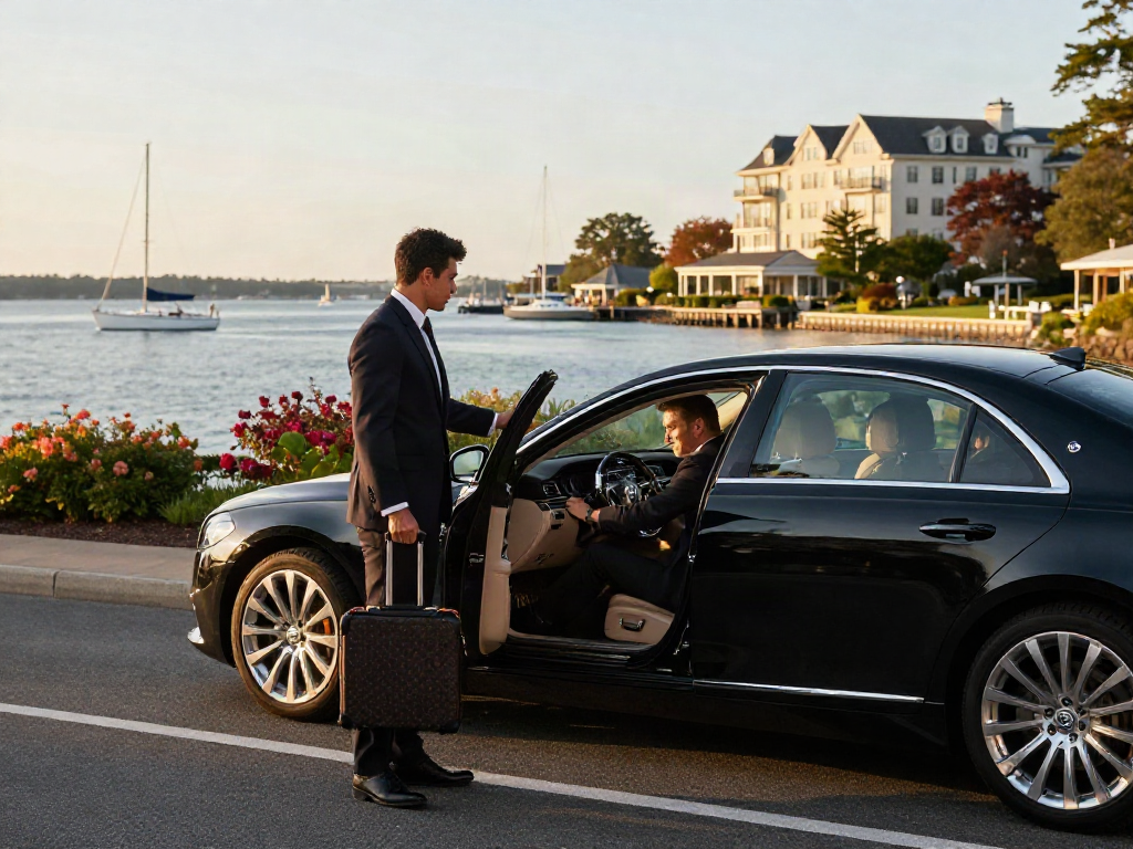 Luxury watermill to manhattan car service with professional chauffeur at scenic waterfront.
