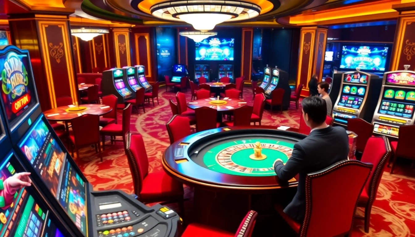 Experience the excitement of gambling at okfun.com with stylish casino tables and vibrant slot machines.