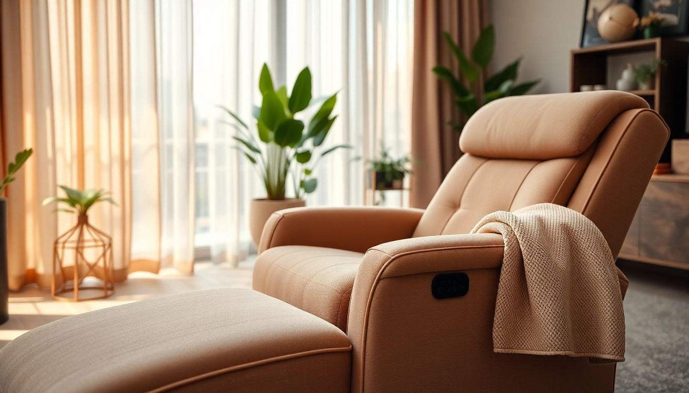 Recliner chair with massage and heat in a modern living room, showcasing a cozy atmosphere.