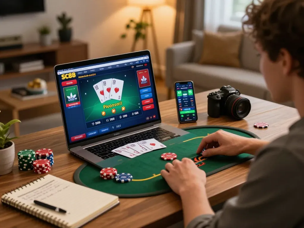 Player engaging with SC88 poker on laptop while utilizing online betting strategies in a cozy home setting.