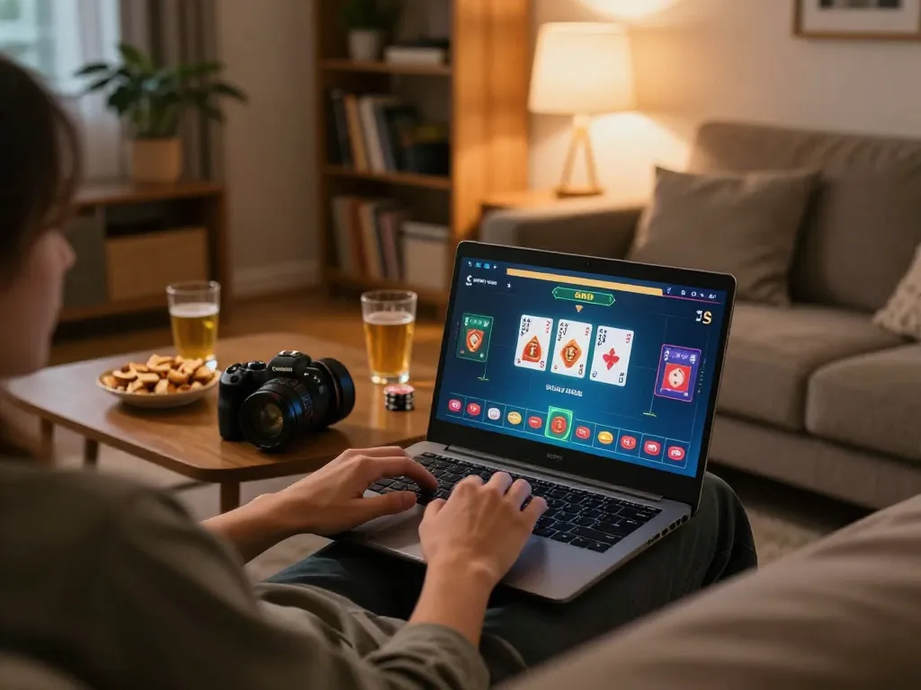 Player engaging in online poker at home using cm88-yu platform, showcasing a strategic gaming environment.