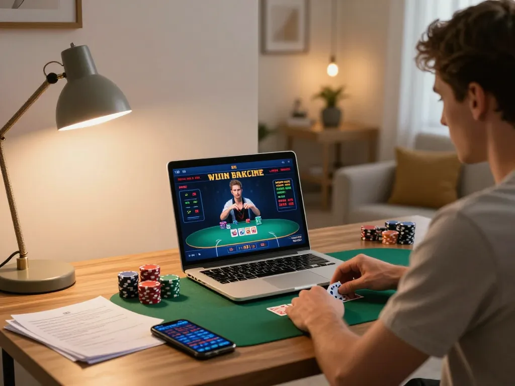 Player enjoying online poker at https://nk88vina.app/ in a cozy home office with warm lighting.