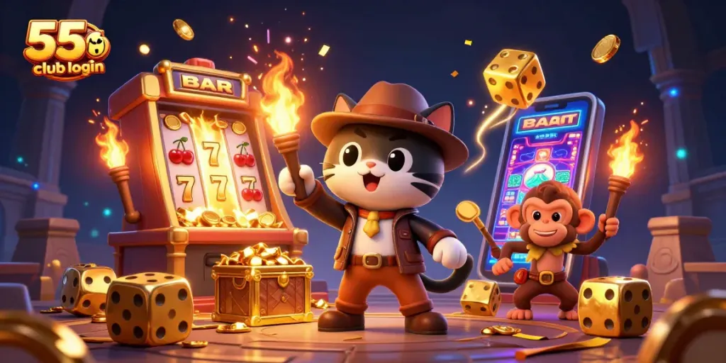 Join the excitement at 55 club login, as a cartoon cat finds a golden casino artifact amid vibrant game elements.